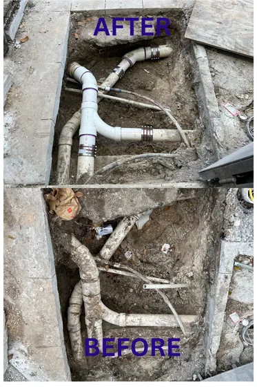 A before and after picture of a drain pipe in the ground.