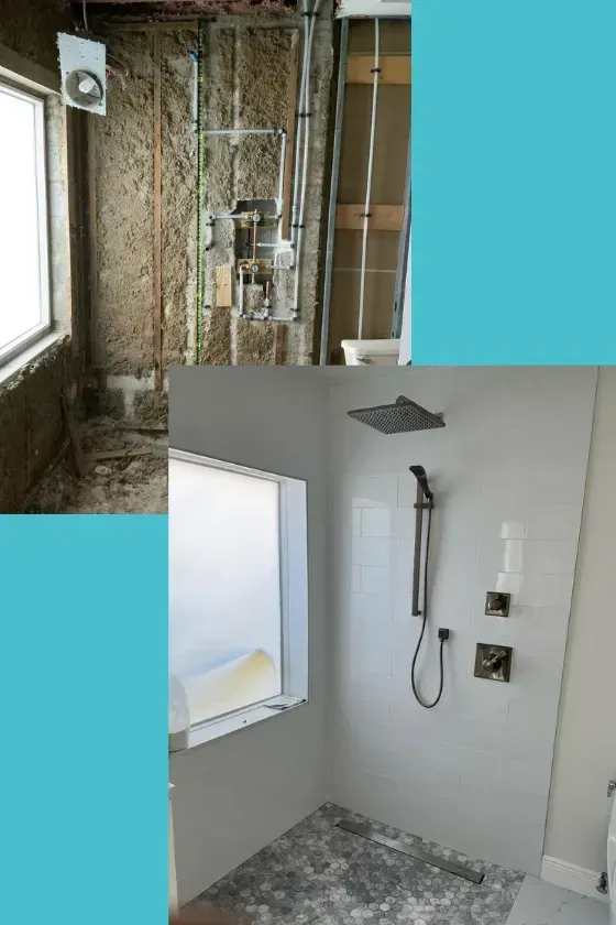 Before and after shower remodel: gutted wall framing, then a finished walk-in shower with a rain showerhead